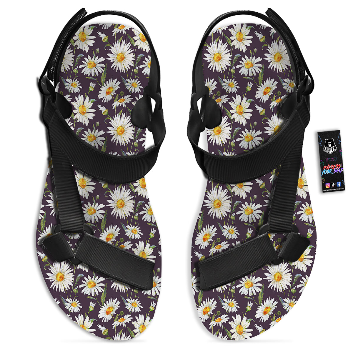 Flower Daisy Watercolor Print Pattern Black Open Toe Sandals-grizzshop