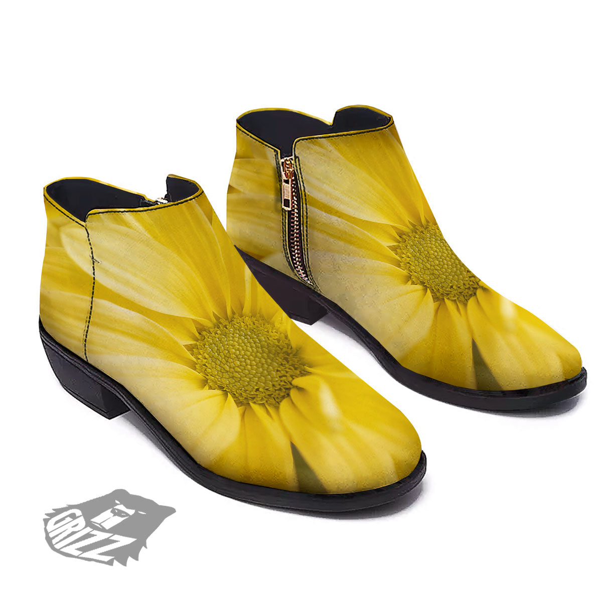 Flower Daisy Yellow Print Ankle Boots-grizzshop