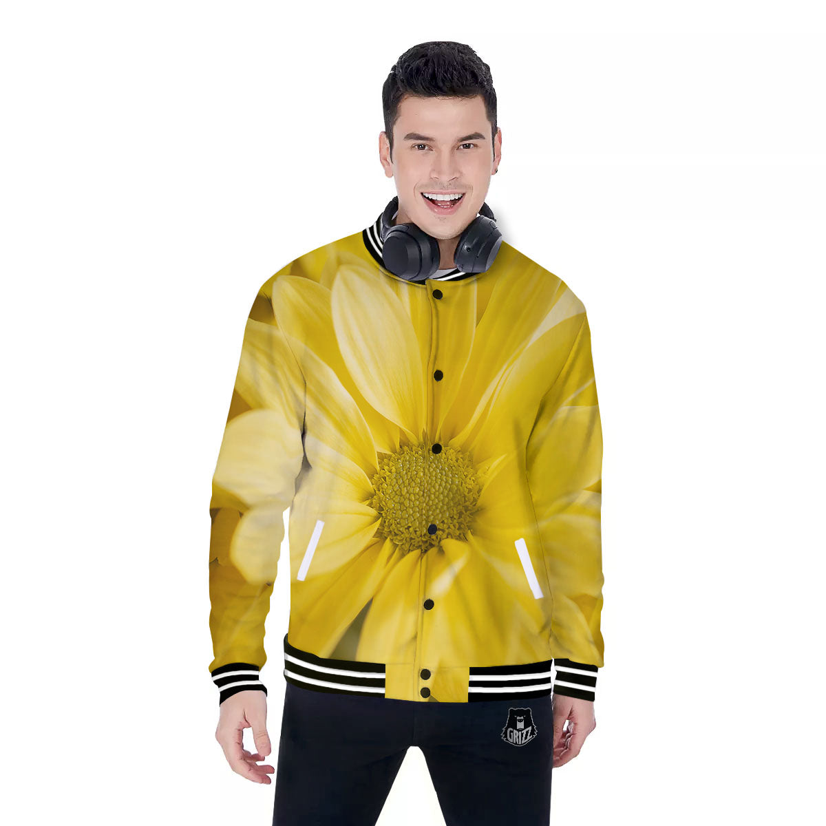 Flower Daisy Yellow Print Baseball Jacket-grizzshop