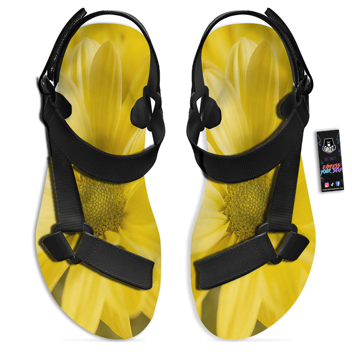 Flower Daisy Yellow Print Black Open Toe Sandals-grizzshop