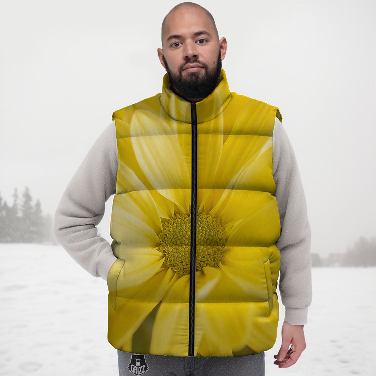 Flower Daisy Yellow Print Down Vest-grizzshop