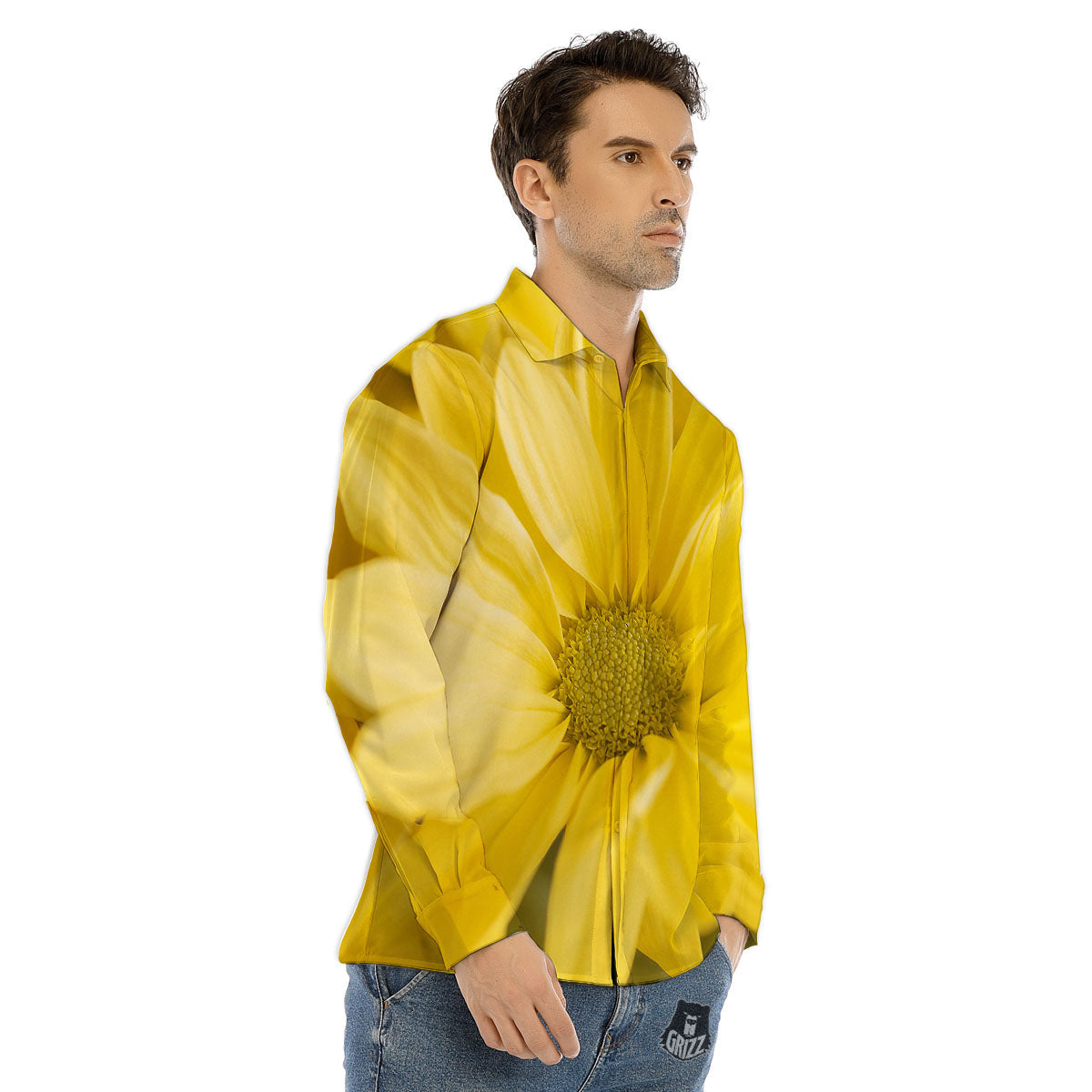 Flower Daisy Yellow Print Men's Dress Shirts-grizzshop