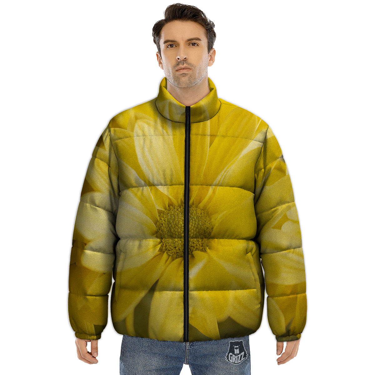 Flower Daisy Yellow Print Puffer Jacket-grizzshop