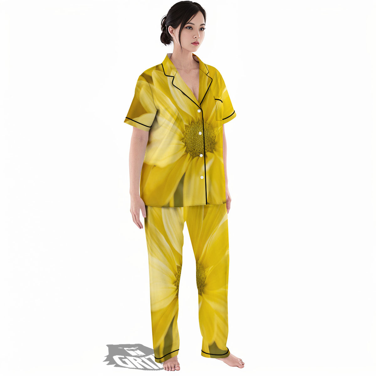 Flower Daisy Yellow Print Women's Pajamas Set-grizzshop