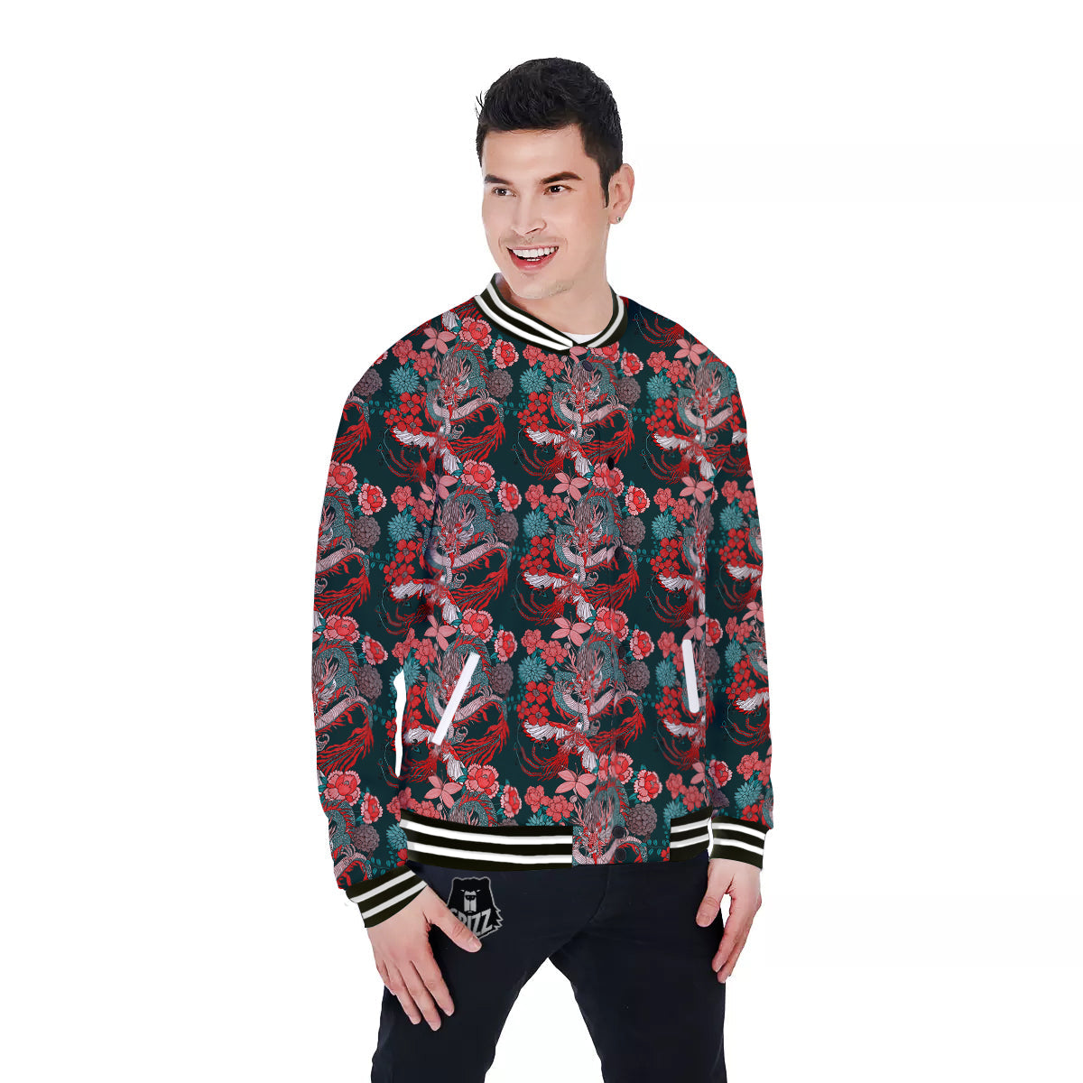 Flower Dragon Vintage Print Pattern Baseball Jacket-grizzshop