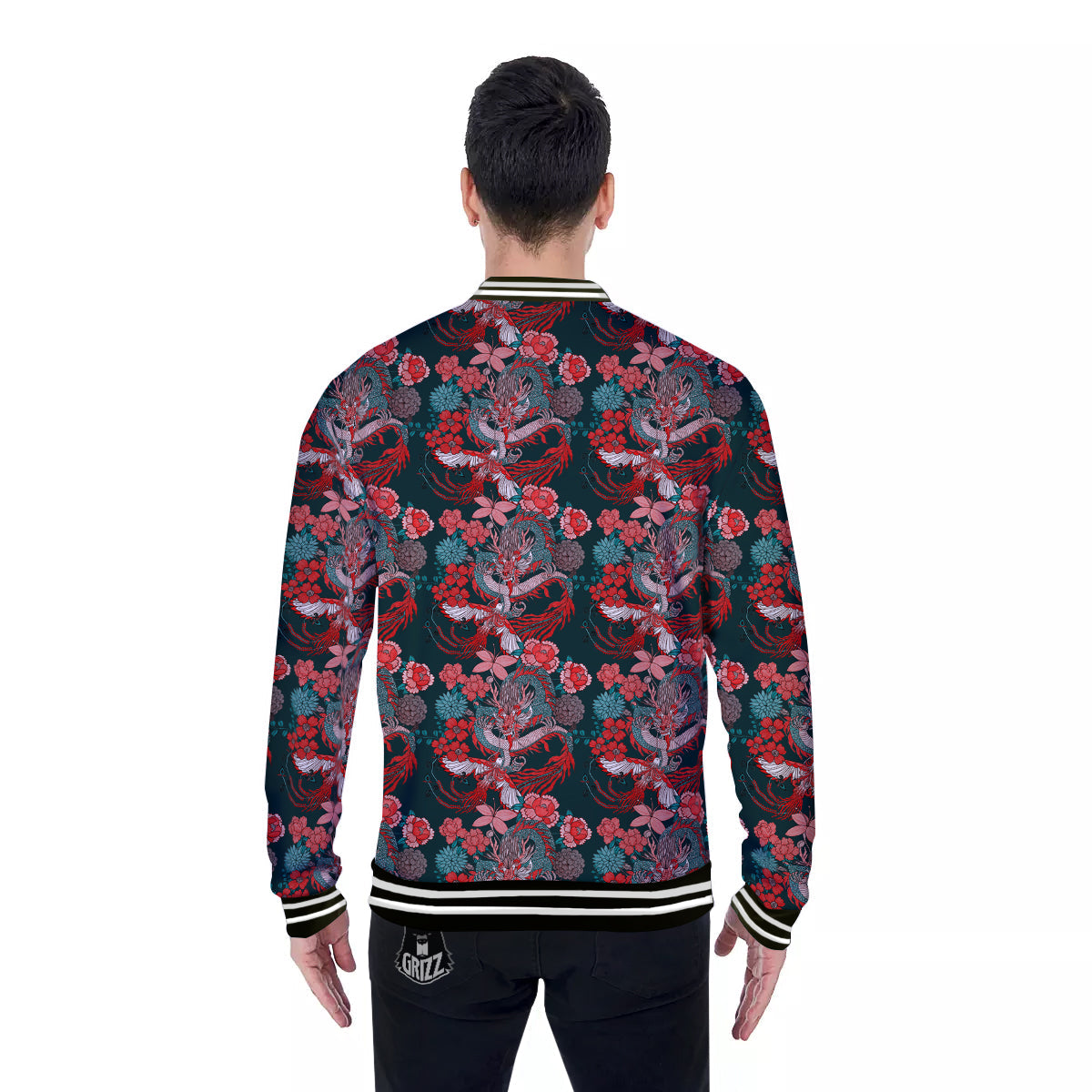 Flower Dragon Vintage Print Pattern Baseball Jacket-grizzshop