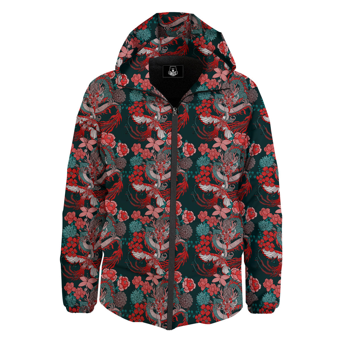 Flower Dragon Vintage Print Pattern Down Jacket-grizzshop