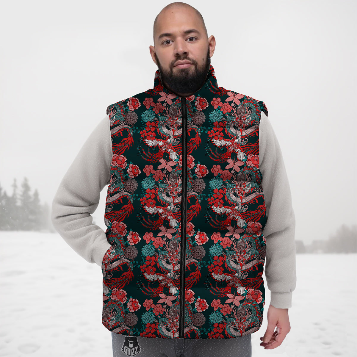 Flower Dragon Vintage Print Pattern Down Vest