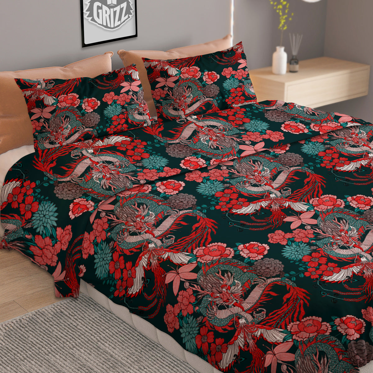 Flower Dragon Vintage Print Pattern Duvet Cover Bedding Set
