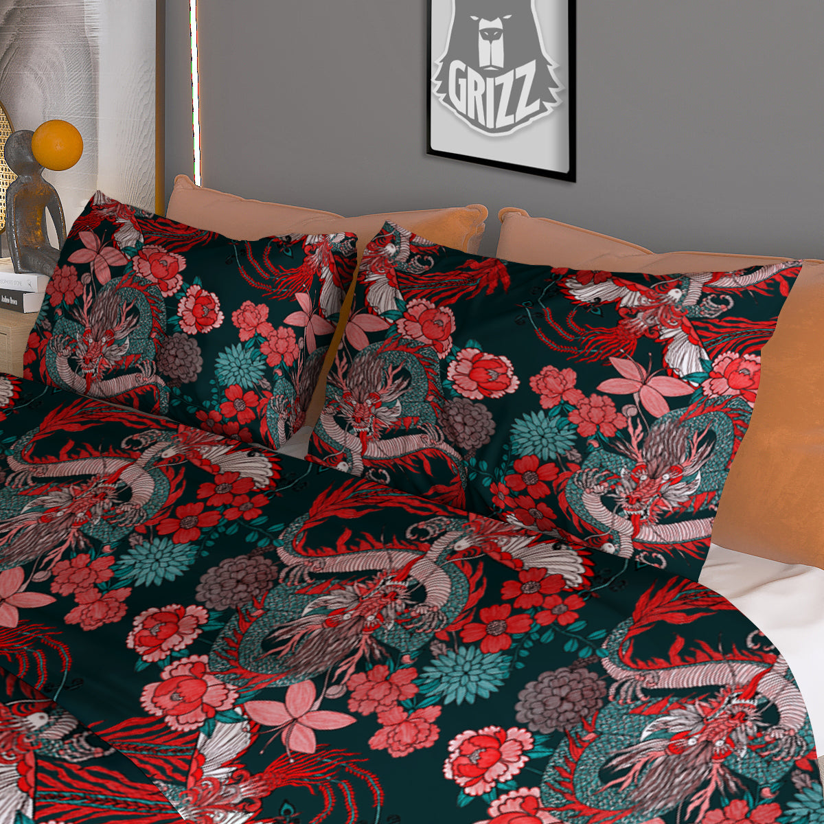 Flower Dragon Vintage Print Pattern Duvet Cover Bedding Set