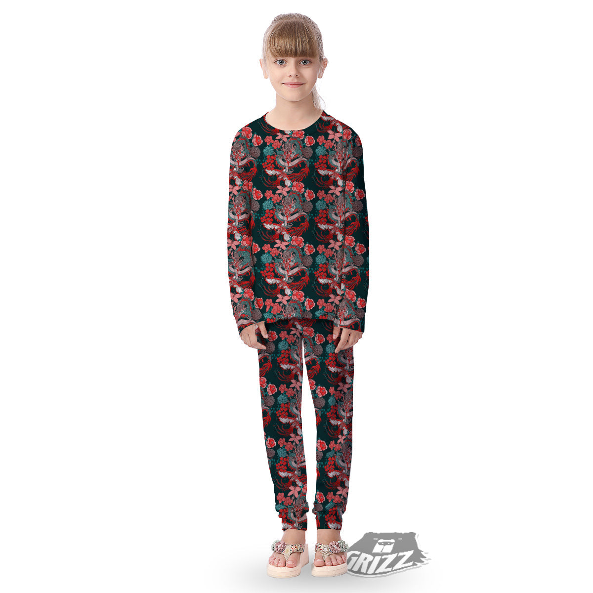Flower Dragon Vintage Print Pattern Kid's Pajamas-grizzshop