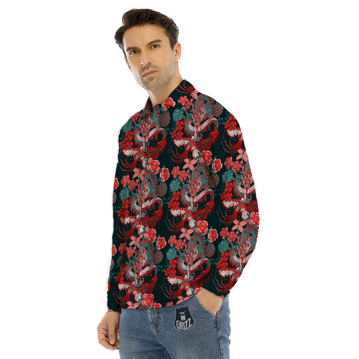 Flower Dragon Vintage Print Pattern Men's Dress Shirts-grizzshop