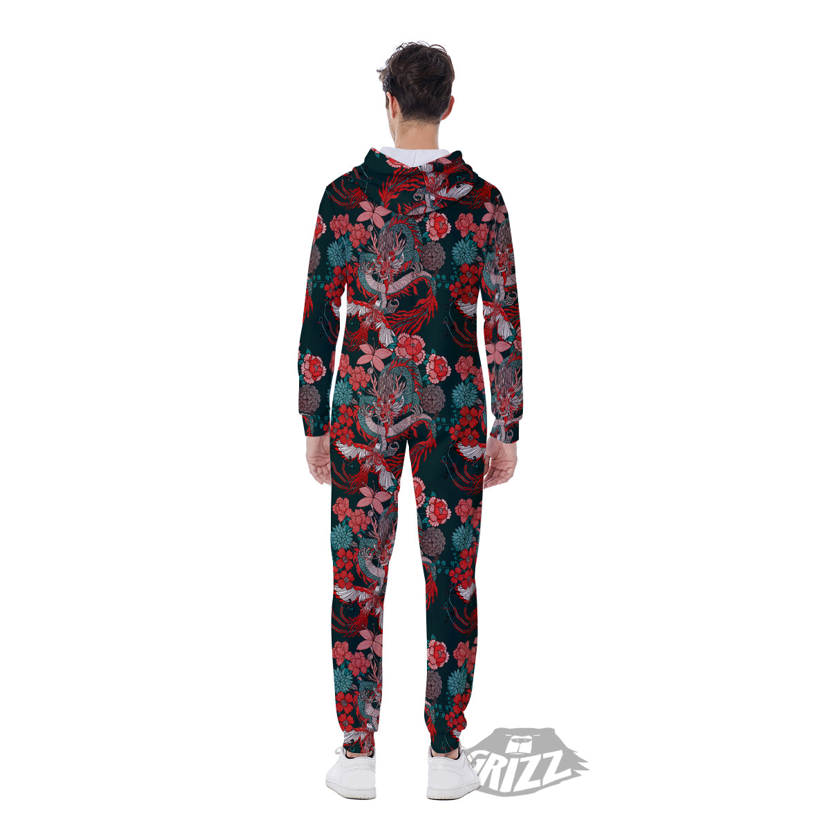 Flower Dragon Vintage Print Pattern Men's Jumpsuit-grizzshop