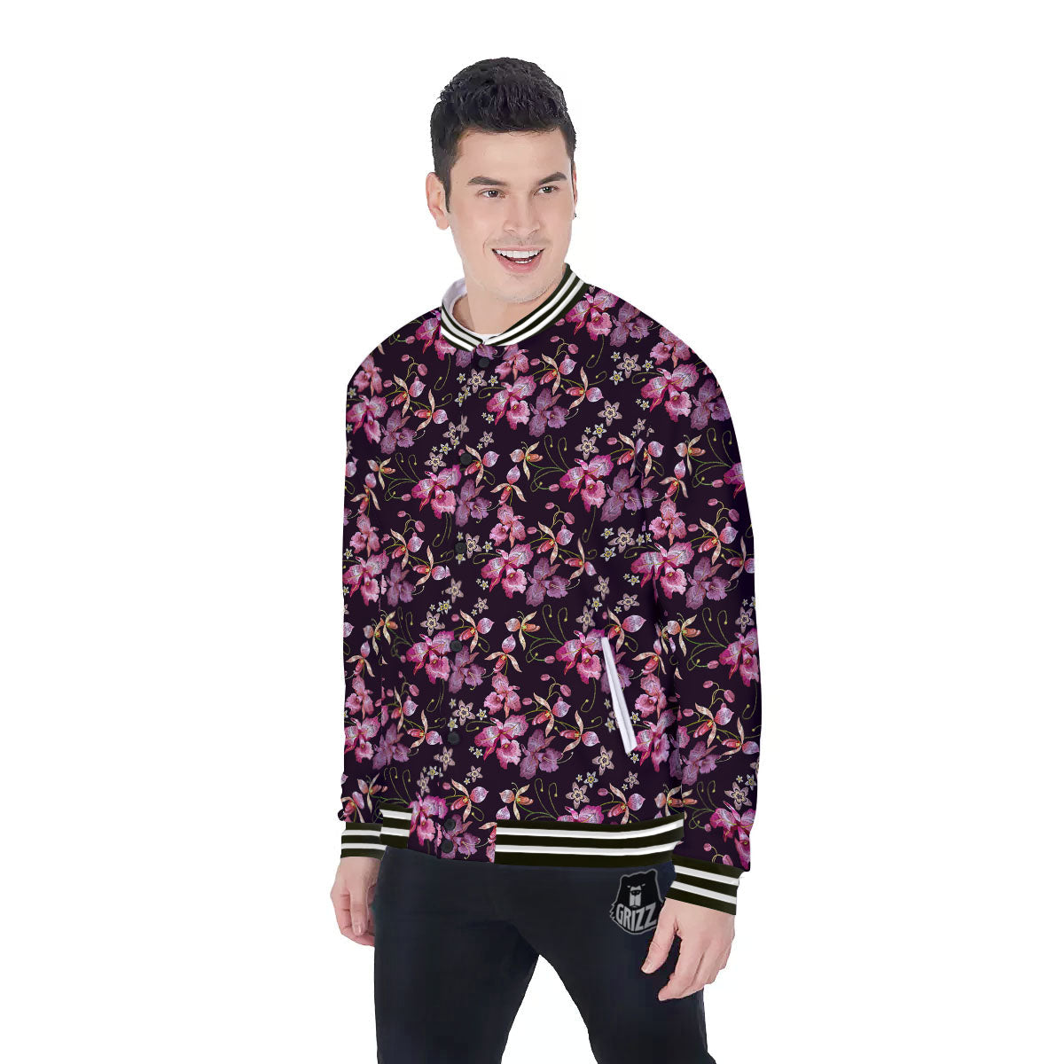 Flower Embroidery Orchid Print Pattern Baseball Jacket-grizzshop