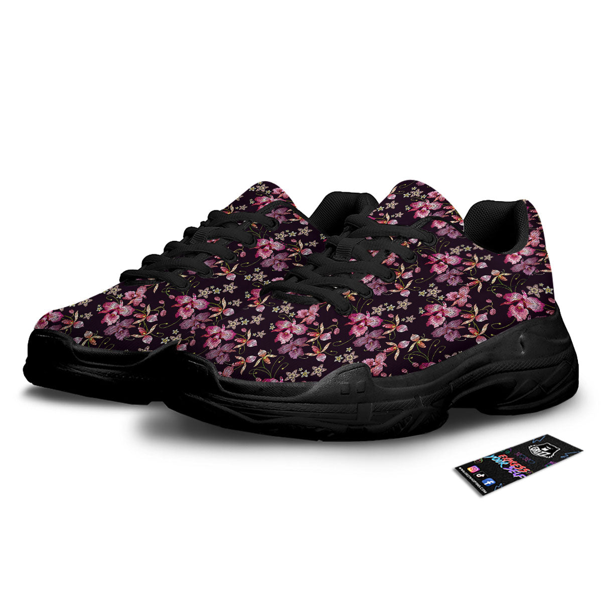 Flower Embroidery Orchid Print Pattern Black Chunky Shoes-grizzshop