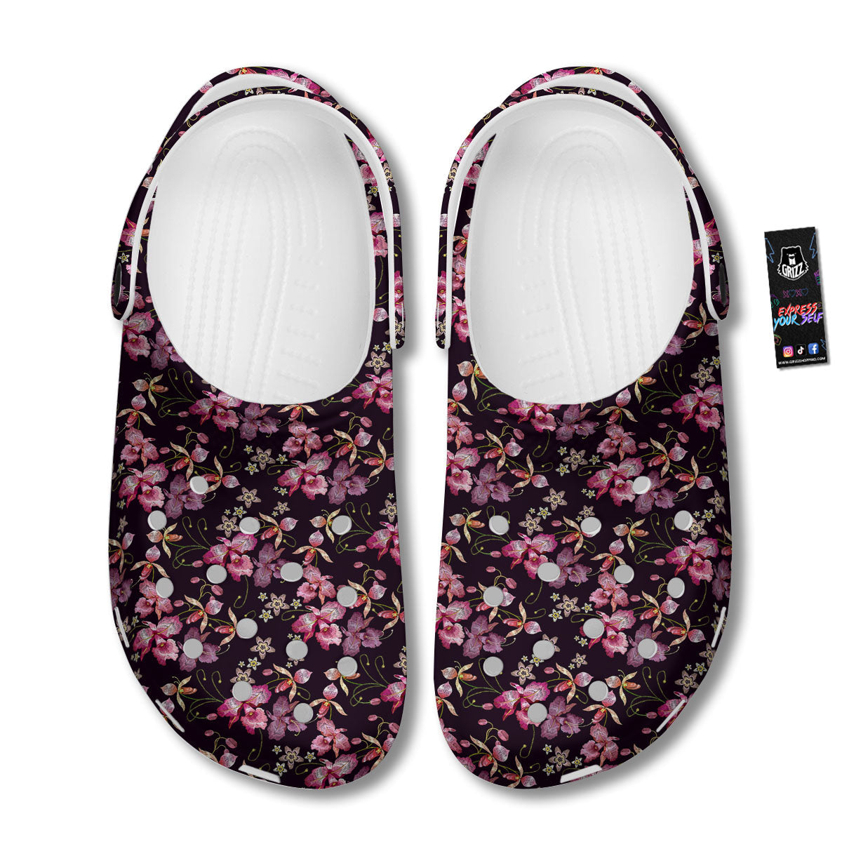 Flower Embroidery Orchid Print Pattern Clog-grizzshop