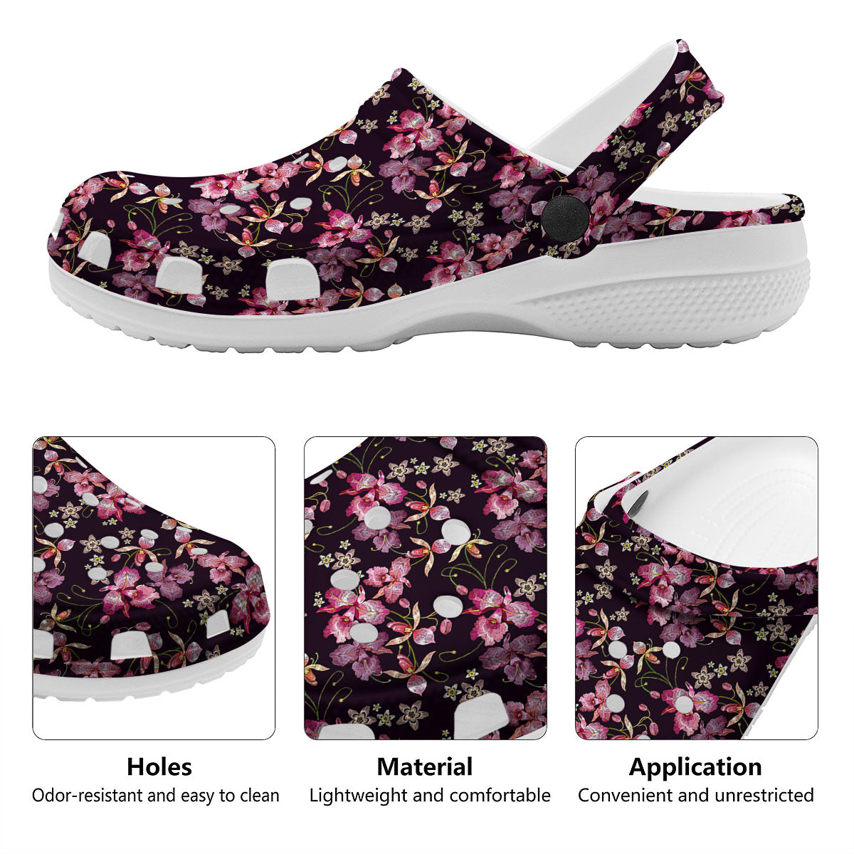 Flower Embroidery Orchid Print Pattern Clog-grizzshop