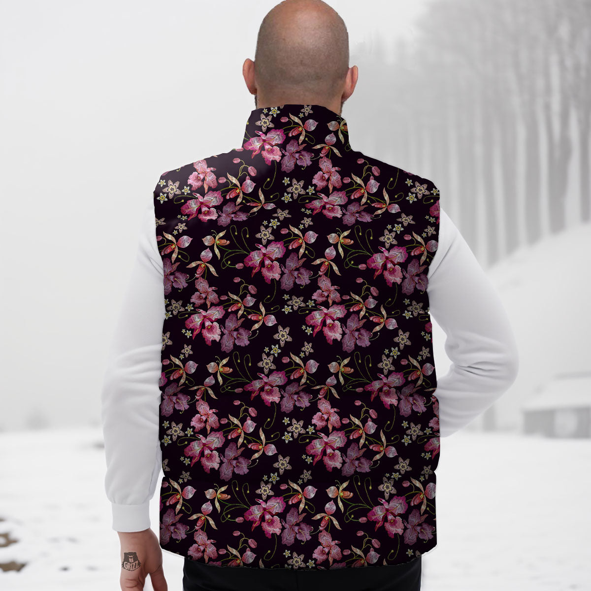 Flower Embroidery Orchid Print Pattern Down Vest-grizzshop