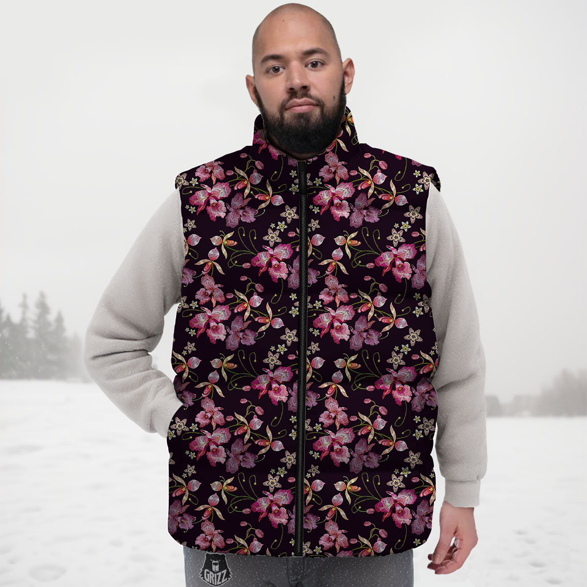 Flower Embroidery Orchid Print Pattern Down Vest