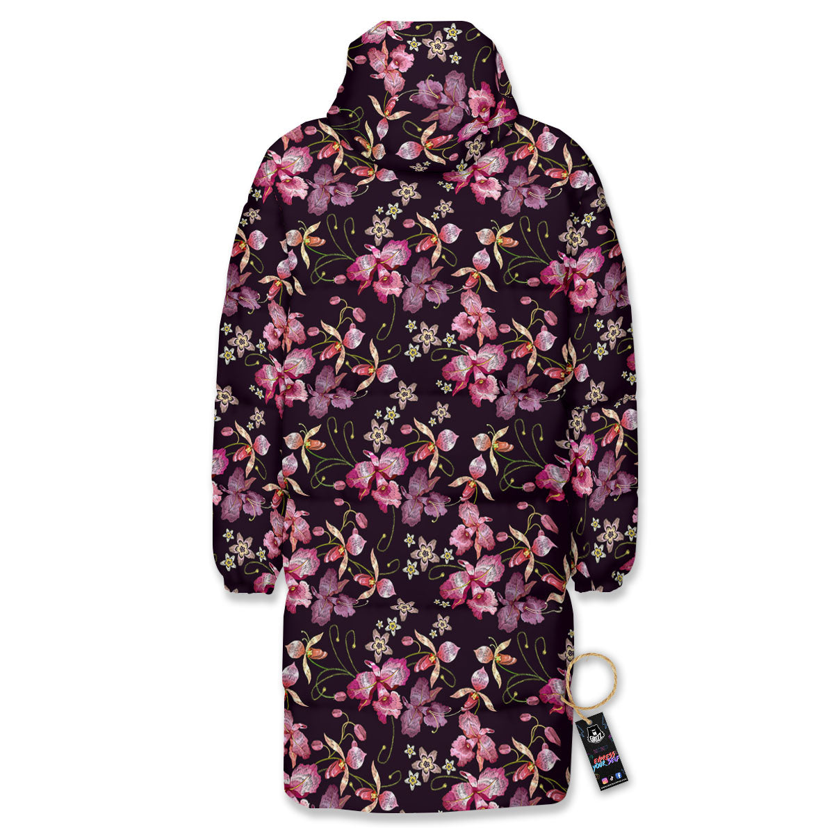 Flower Embroidery Orchid Print Pattern Long Down Jacket-grizzshop