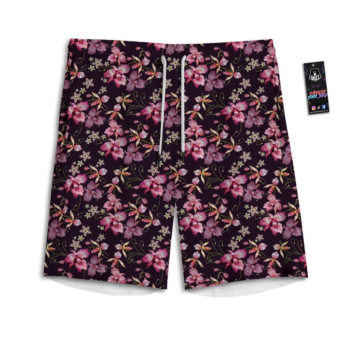 Flower Embroidery Orchid Print Pattern Men's Athletic Shorts-grizzshop