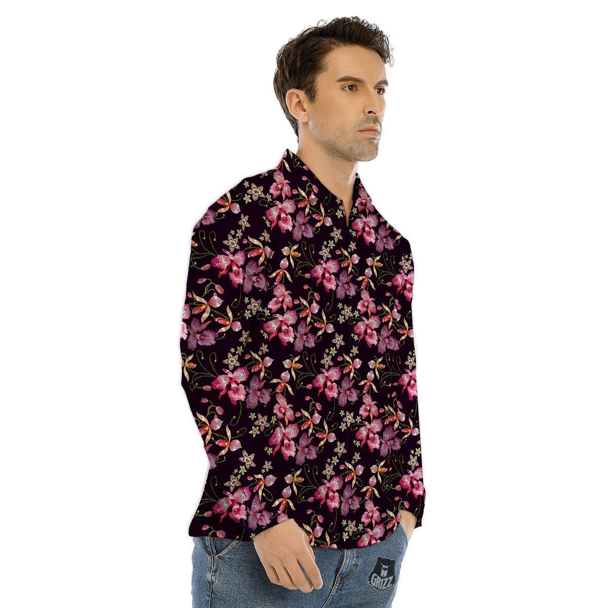 Flower Embroidery Orchid Print Pattern Men's Dress Shirts-grizzshop