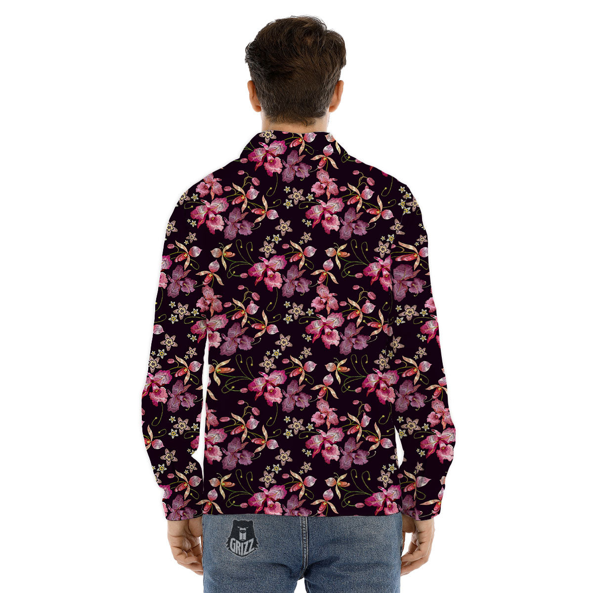 Flower Embroidery Orchid Print Pattern Men's Dress Shirts-grizzshop