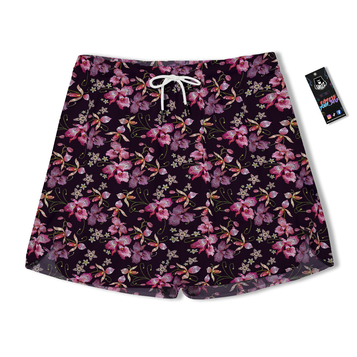 Flower Embroidery Orchid Print Pattern Men's Running Shorts-grizzshop