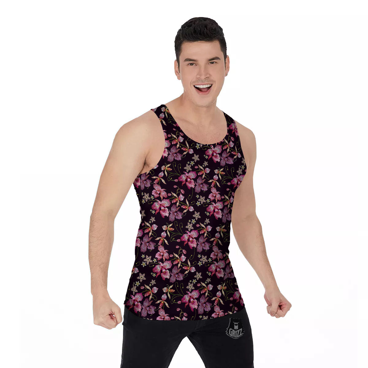 Flower Embroidery Orchid Print Pattern Men's Tank Top-grizzshop