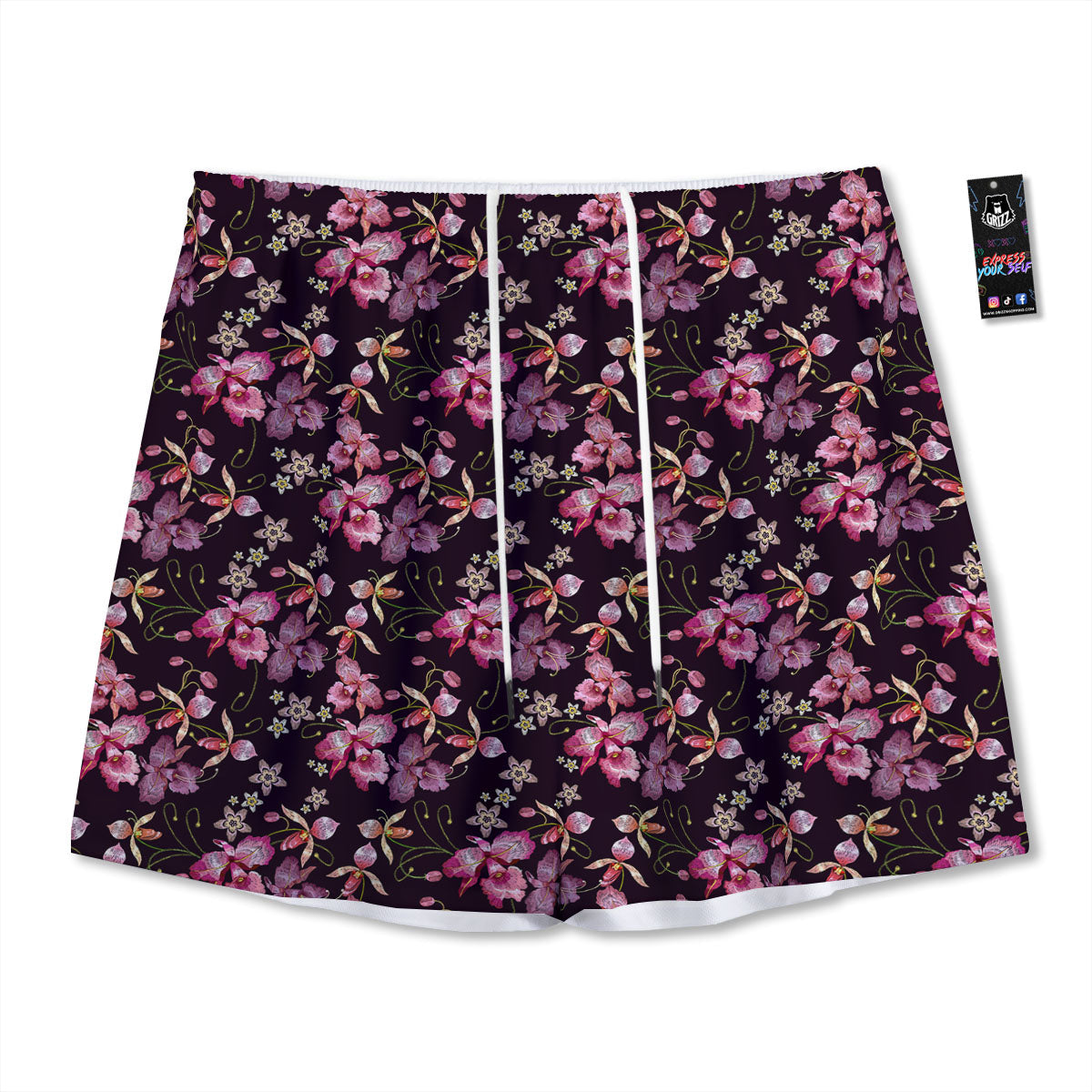 Flower Embroidery Orchid Print Pattern Mesh Shorts-grizzshop