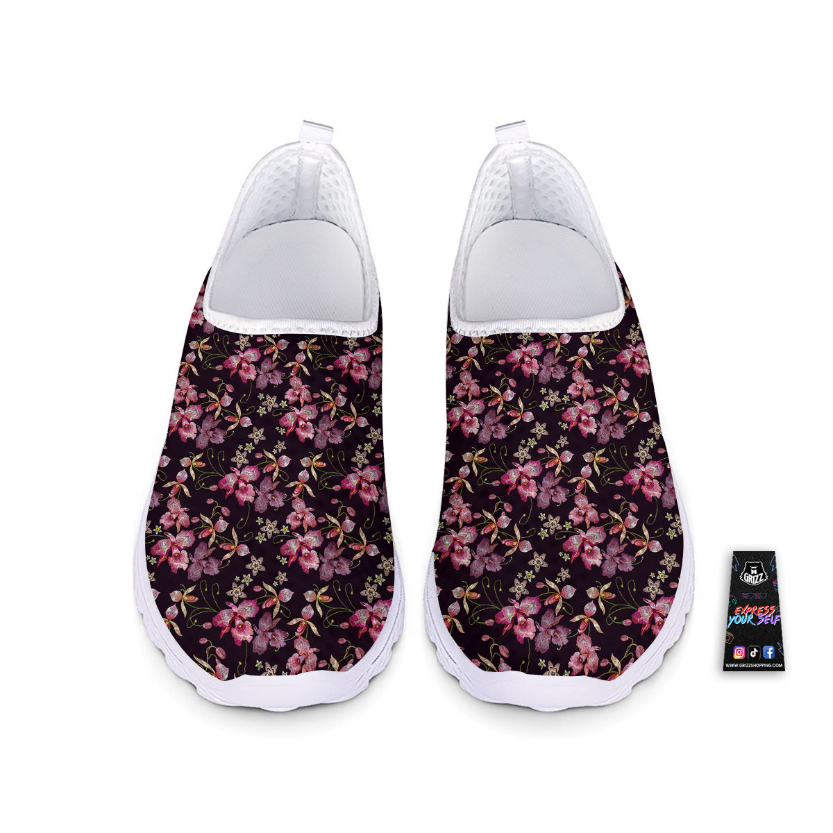 Flower Embroidery Orchid Print Pattern Nurse Shoes-grizzshop
