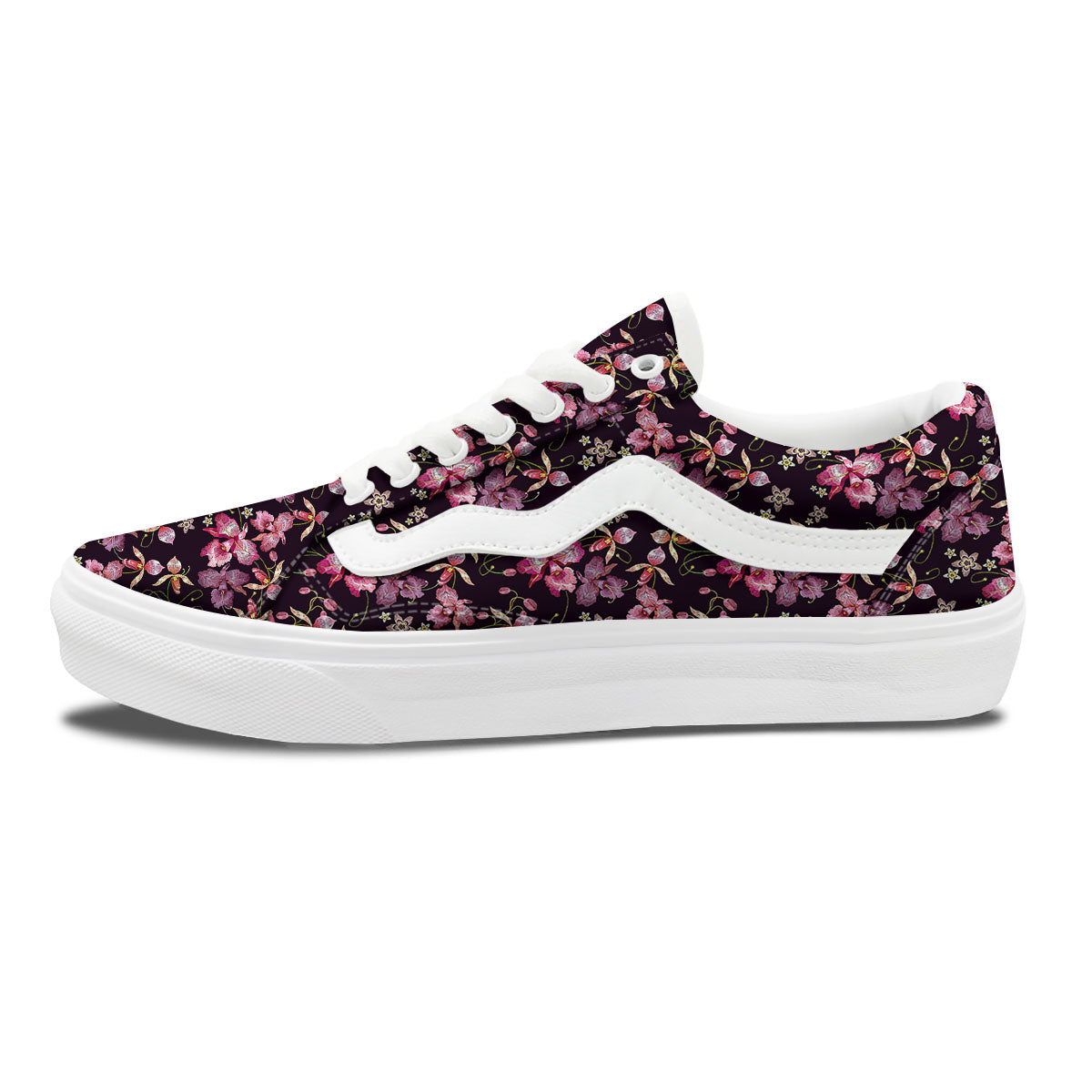 Flower Embroidery Orchid Print Pattern Skate Shoes-grizzshop