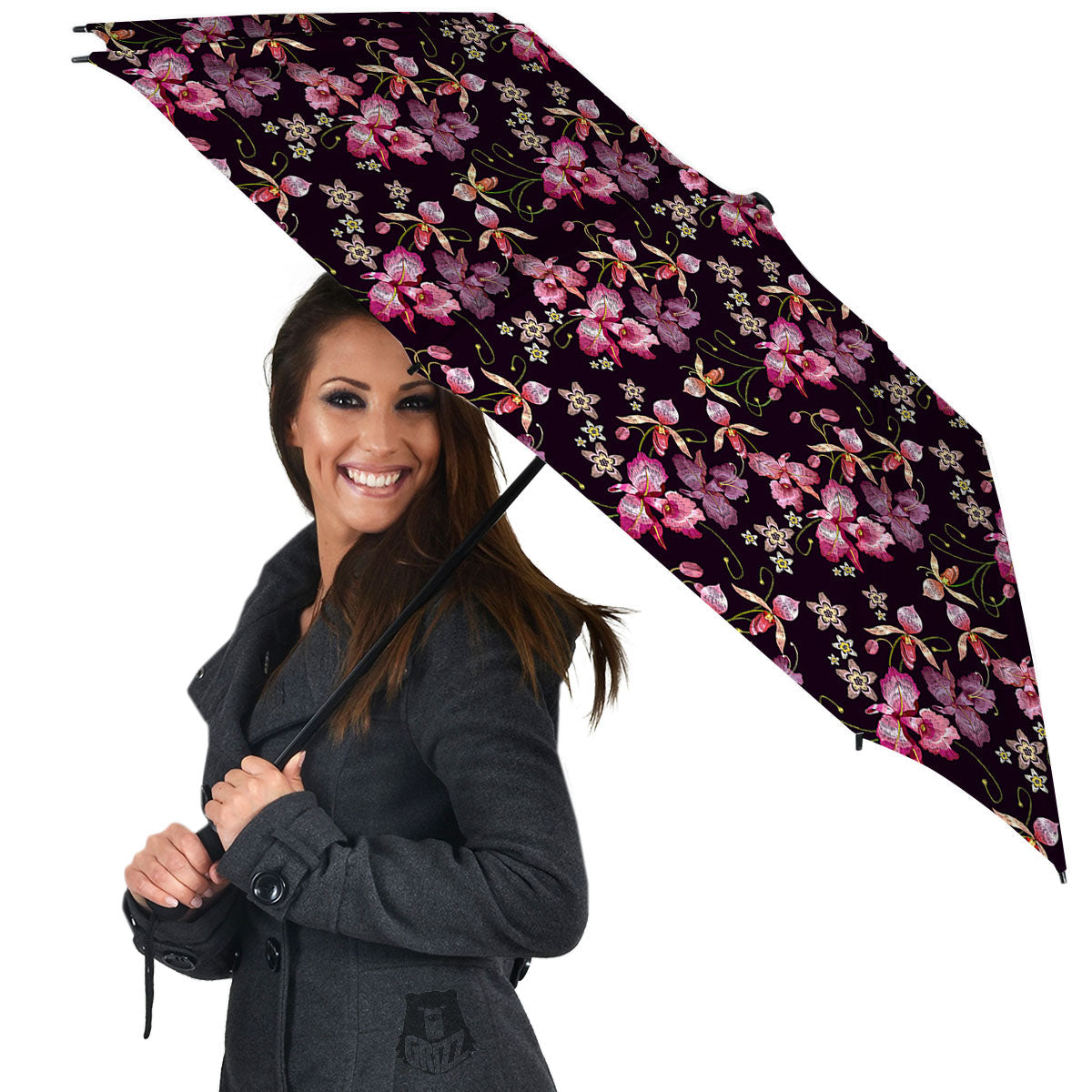 Flower Embroidery Orchid Print Pattern Umbrella-grizzshop
