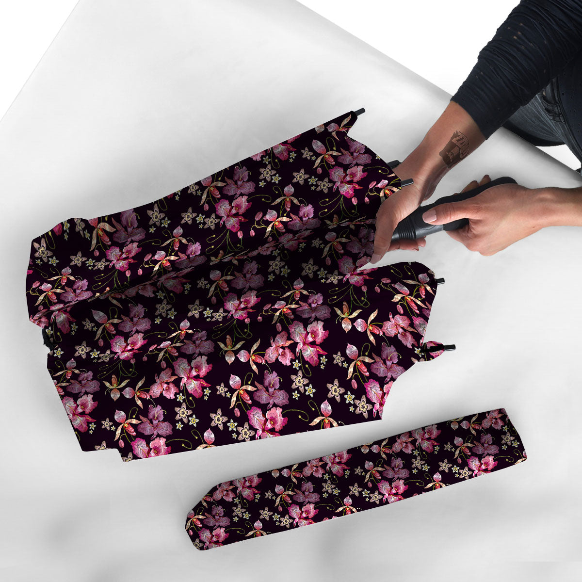 Flower Embroidery Orchid Print Pattern Umbrella-grizzshop