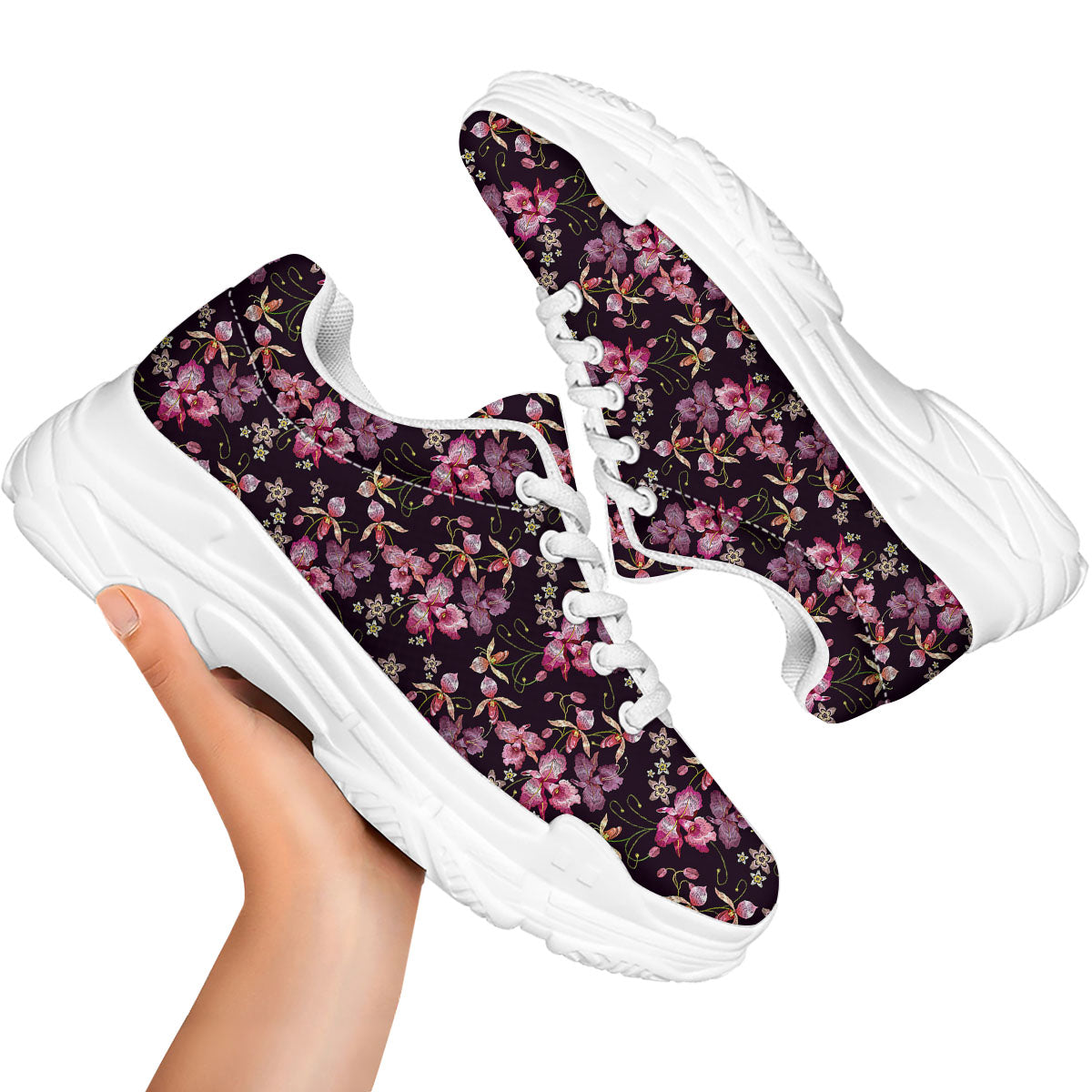 Flower Embroidery Orchid Print Pattern White Chunky Shoes-grizzshop