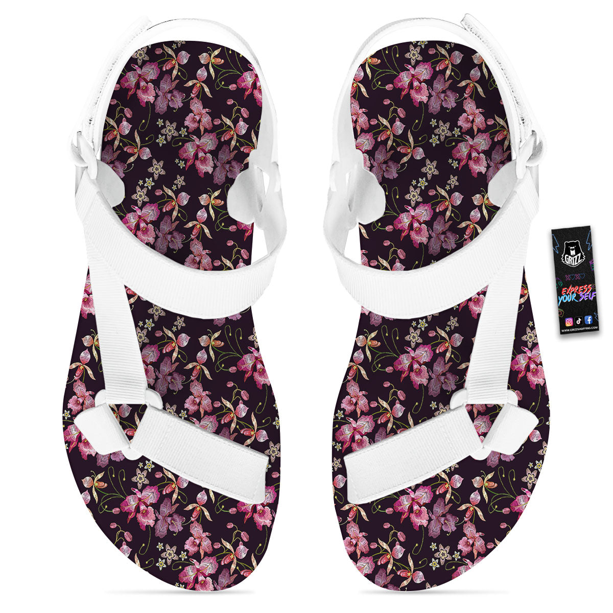 Flower Embroidery Orchid Print Pattern White Open Toe Sandals-grizzshop