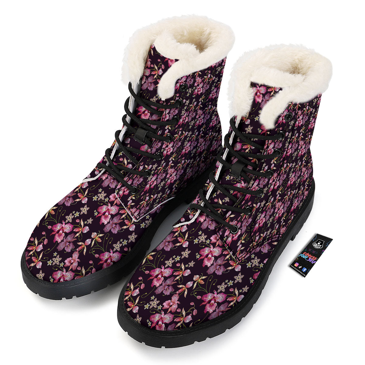 Flower Embroidery Orchid Print Pattern Winter Boots-grizzshop