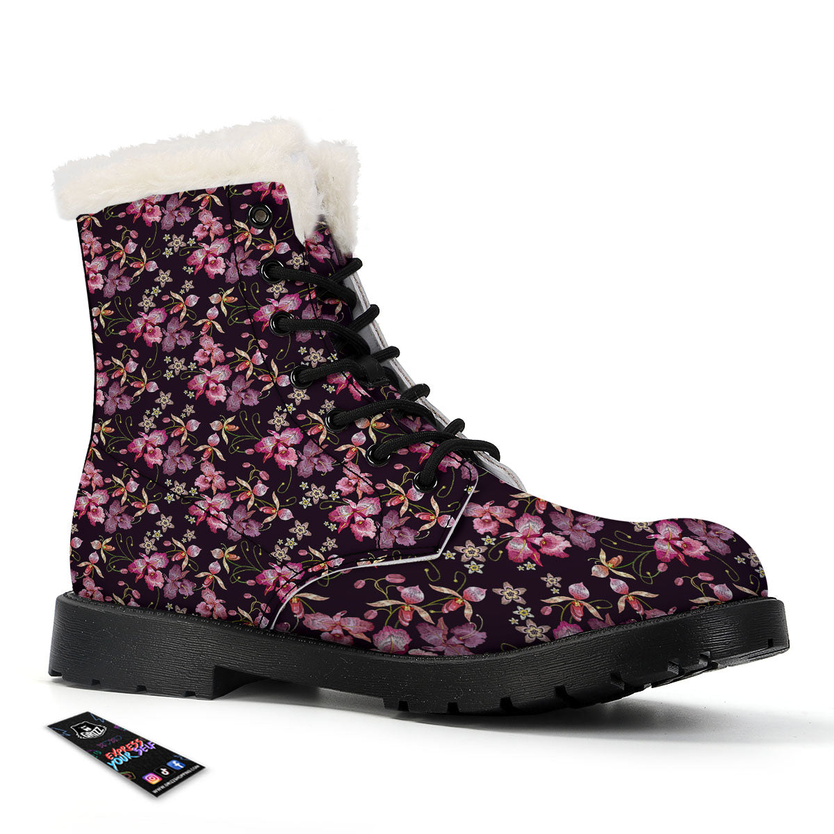 Flower Embroidery Orchid Print Pattern Winter Boots-grizzshop