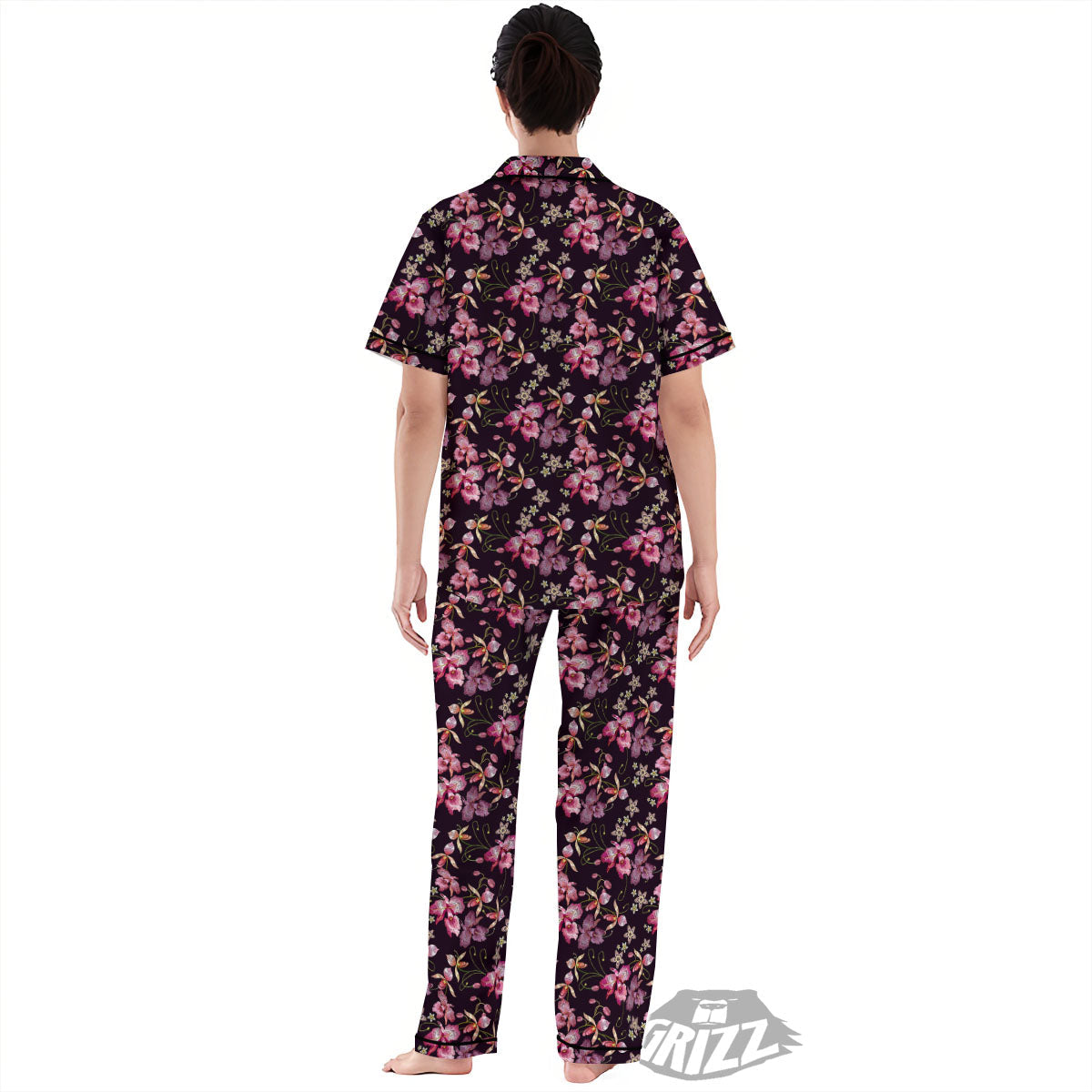 Flower Embroidery Orchid Print Pattern Women's Pajamas Set-grizzshop