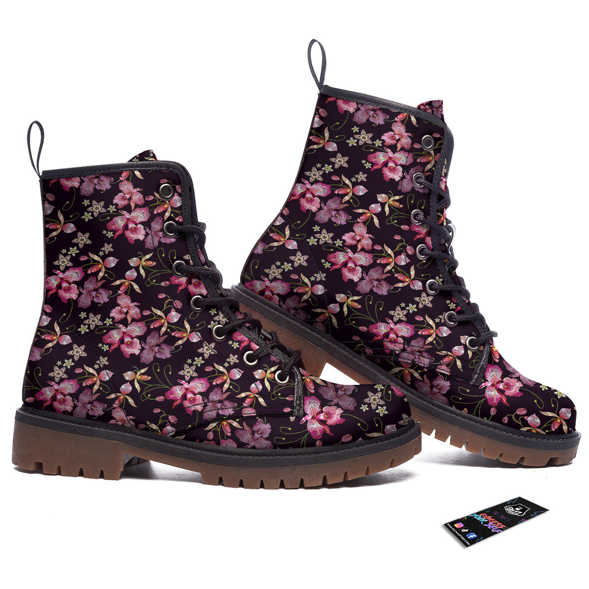 Flower Embroidery Orchid Print Pattern Work Boots-grizzshop