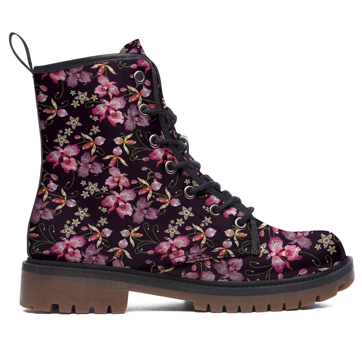 Flower Embroidery Orchid Print Pattern Work Boots-grizzshop