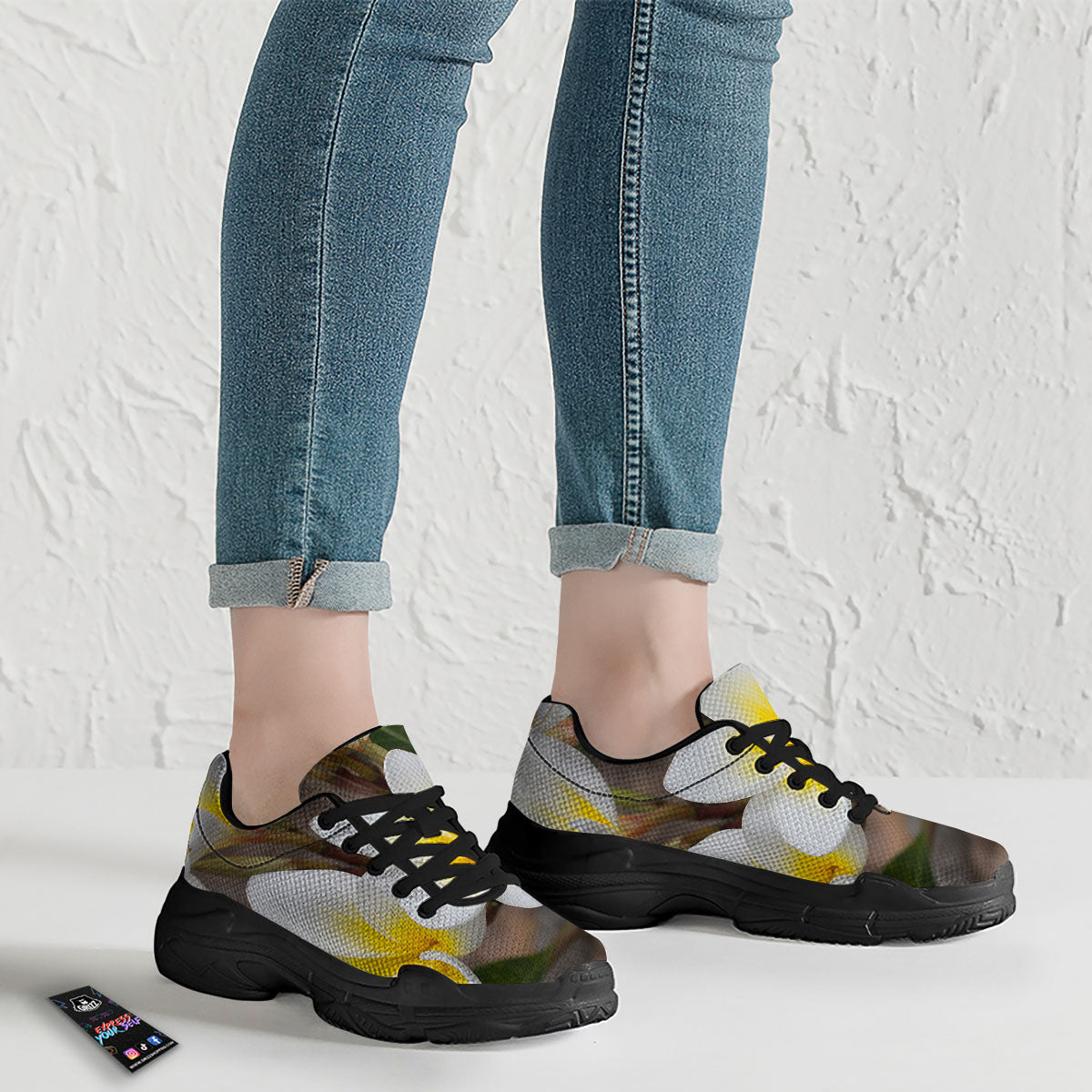 Flower Frangipani Print Black Chunky Shoes-grizzshop