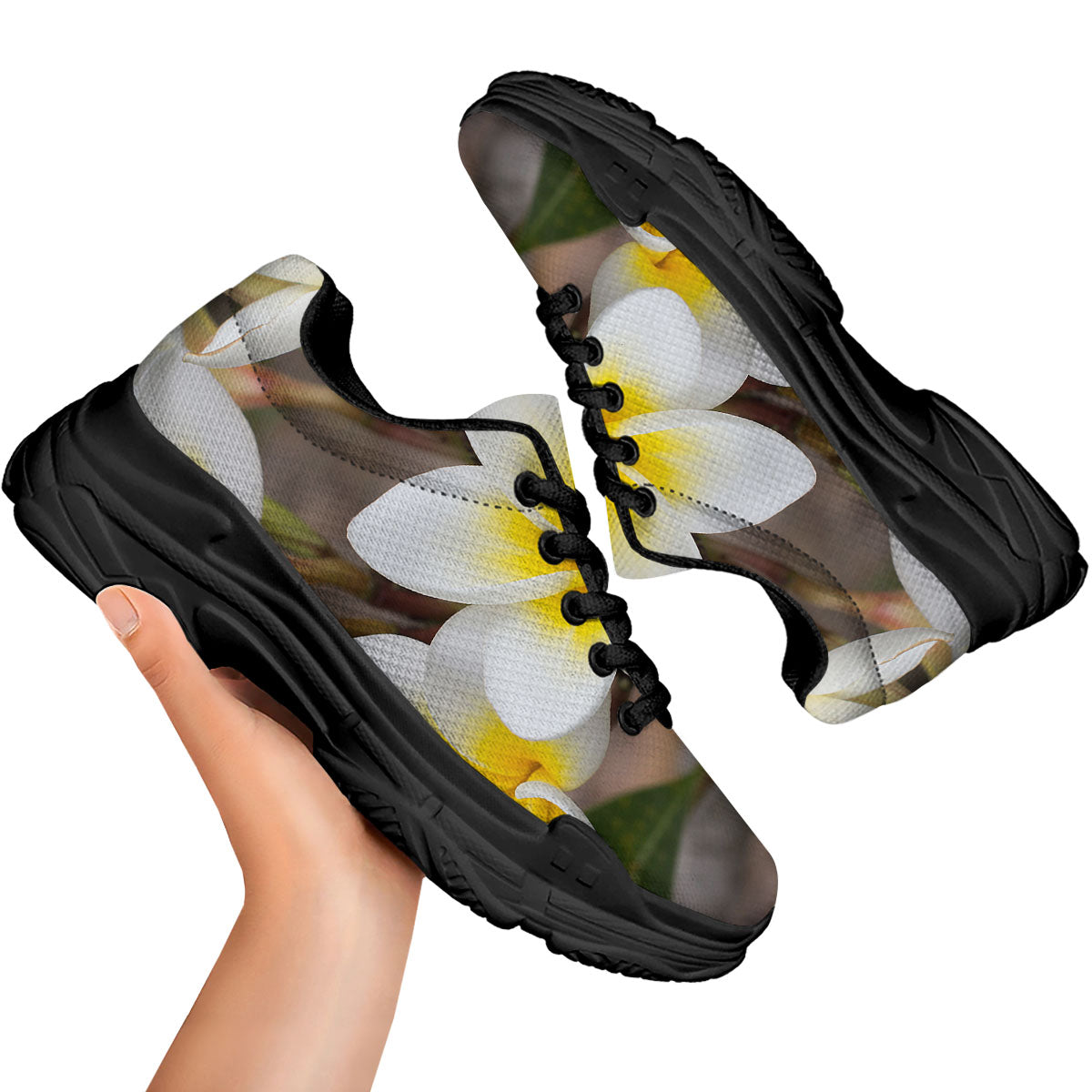 Flower Frangipani Print Black Chunky Shoes-grizzshop