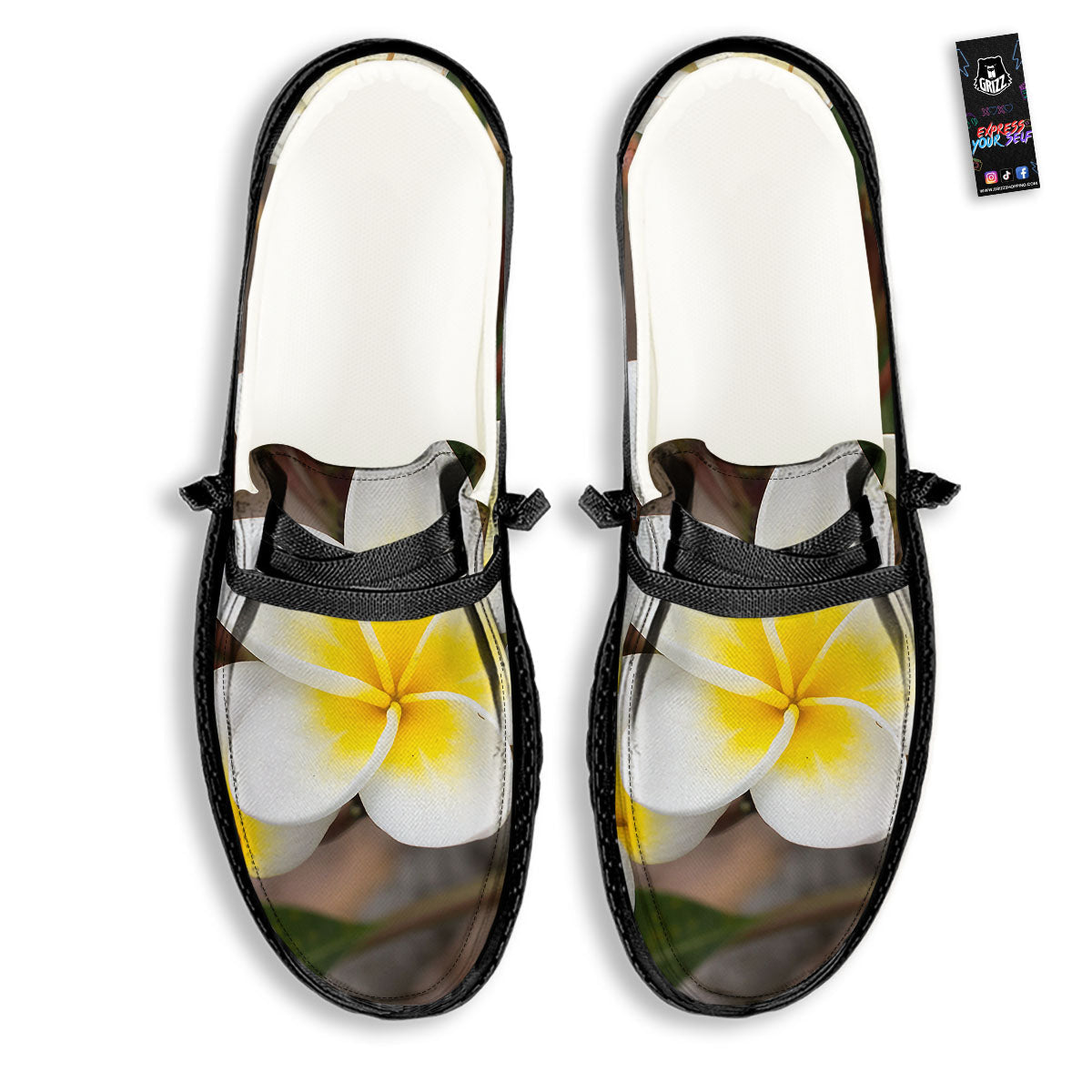 Flower Frangipani Print Black Loafers-grizzshop