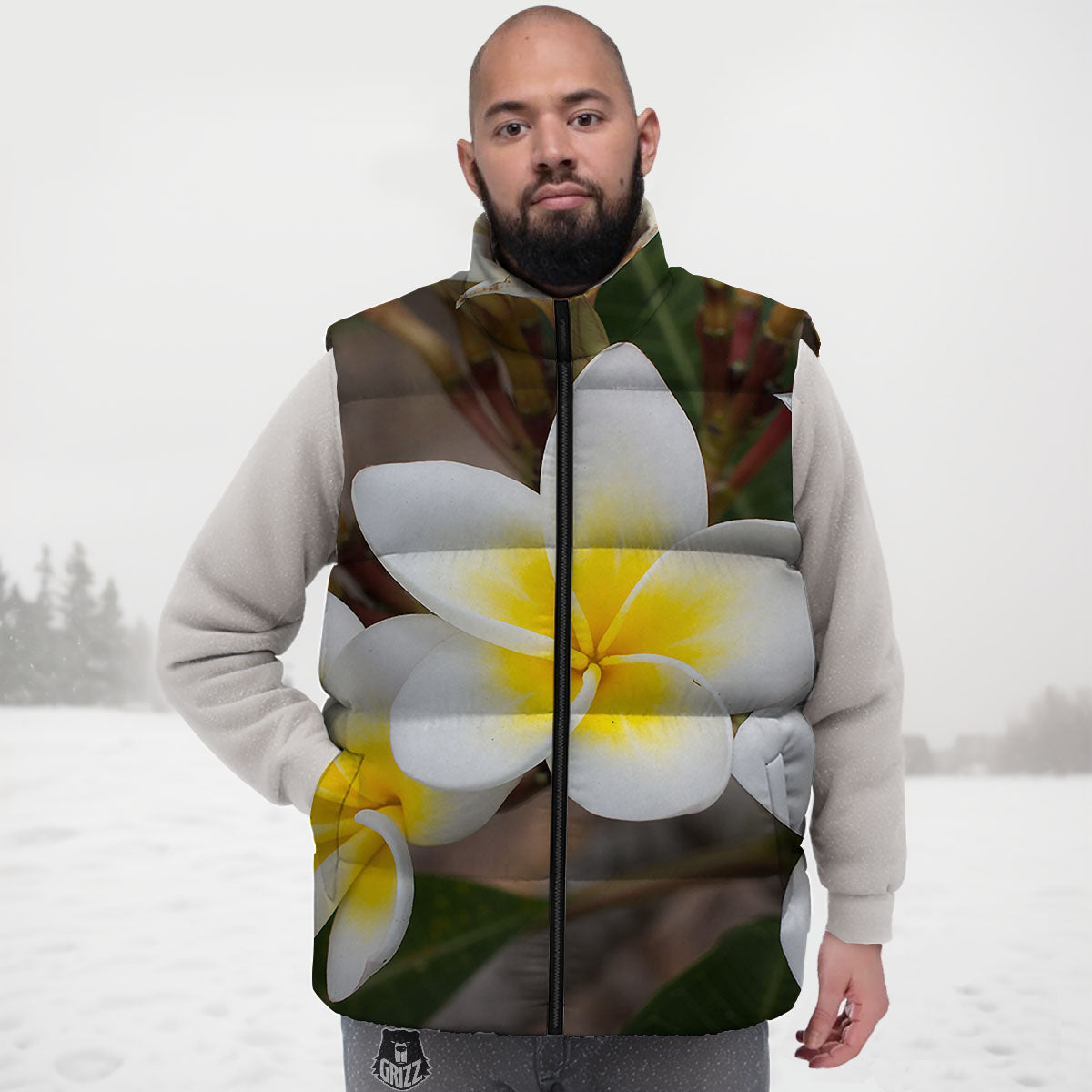 Flower Frangipani Print Down Vest-grizzshop