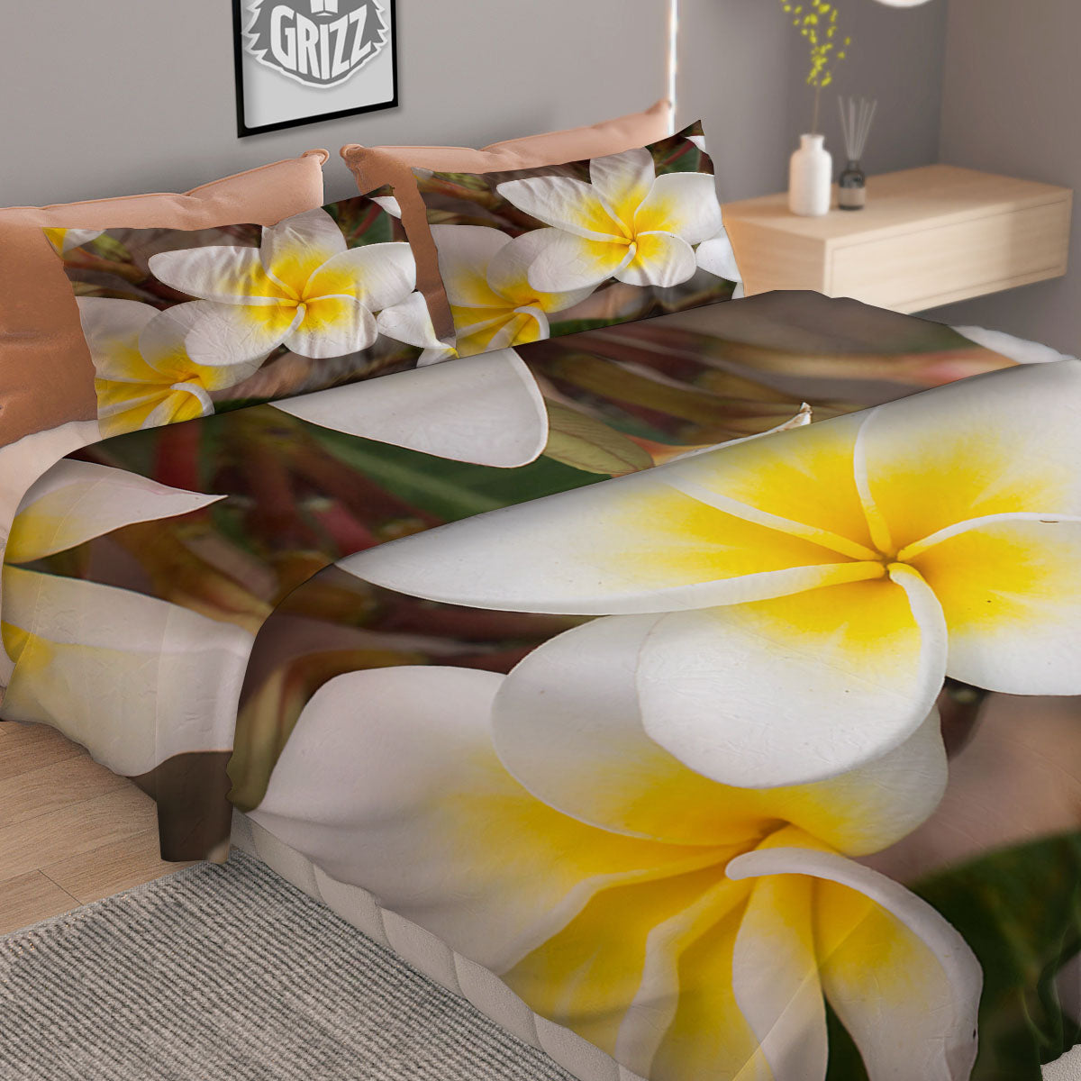 Flower Frangipani Print Duvet Cover Bedding Set