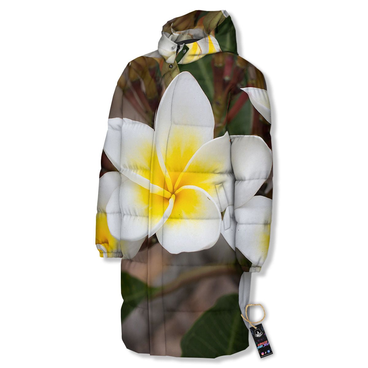 Flower Frangipani Print Long Down Jacket-grizzshop