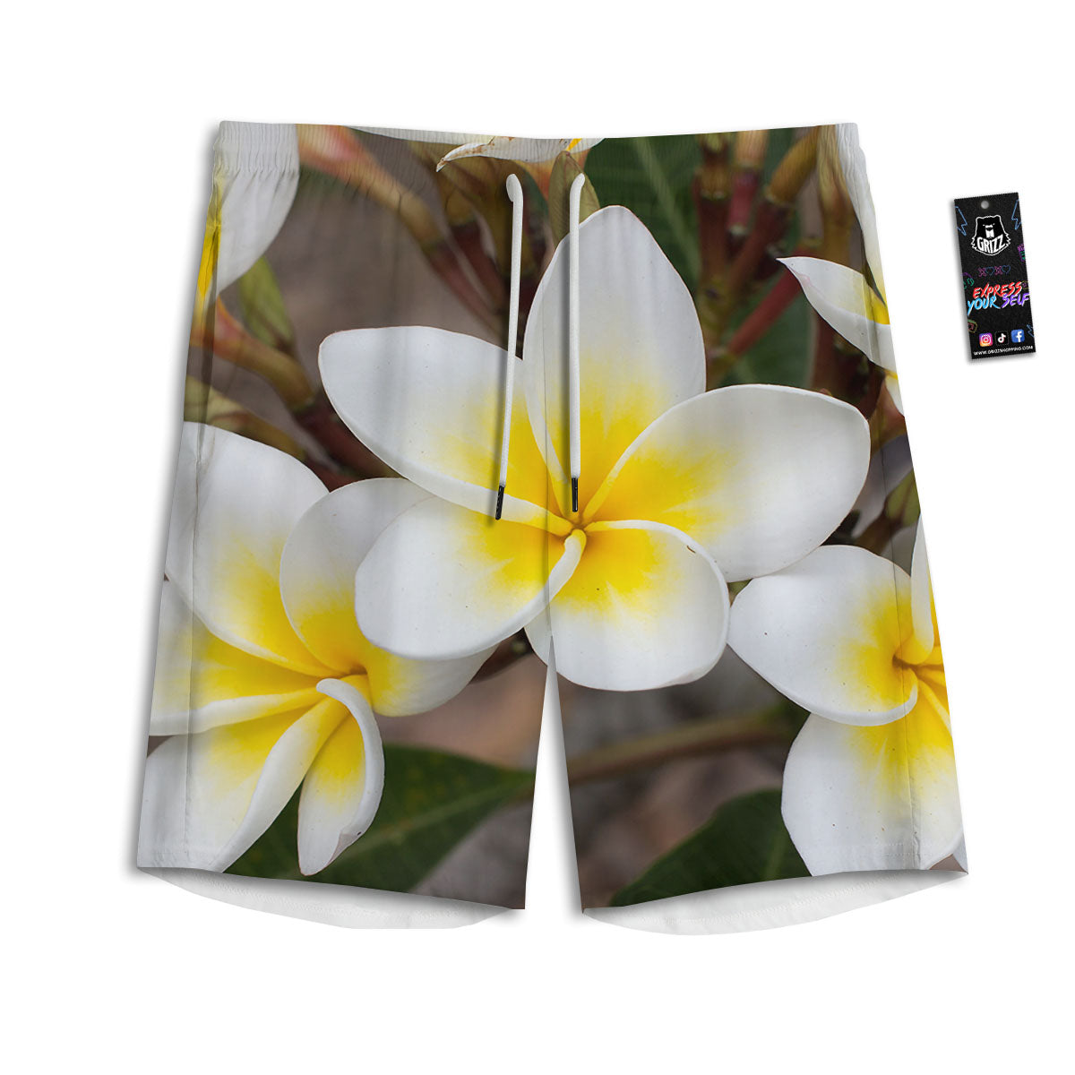 Flower Frangipani Print Men's Athletic Shorts-grizzshop