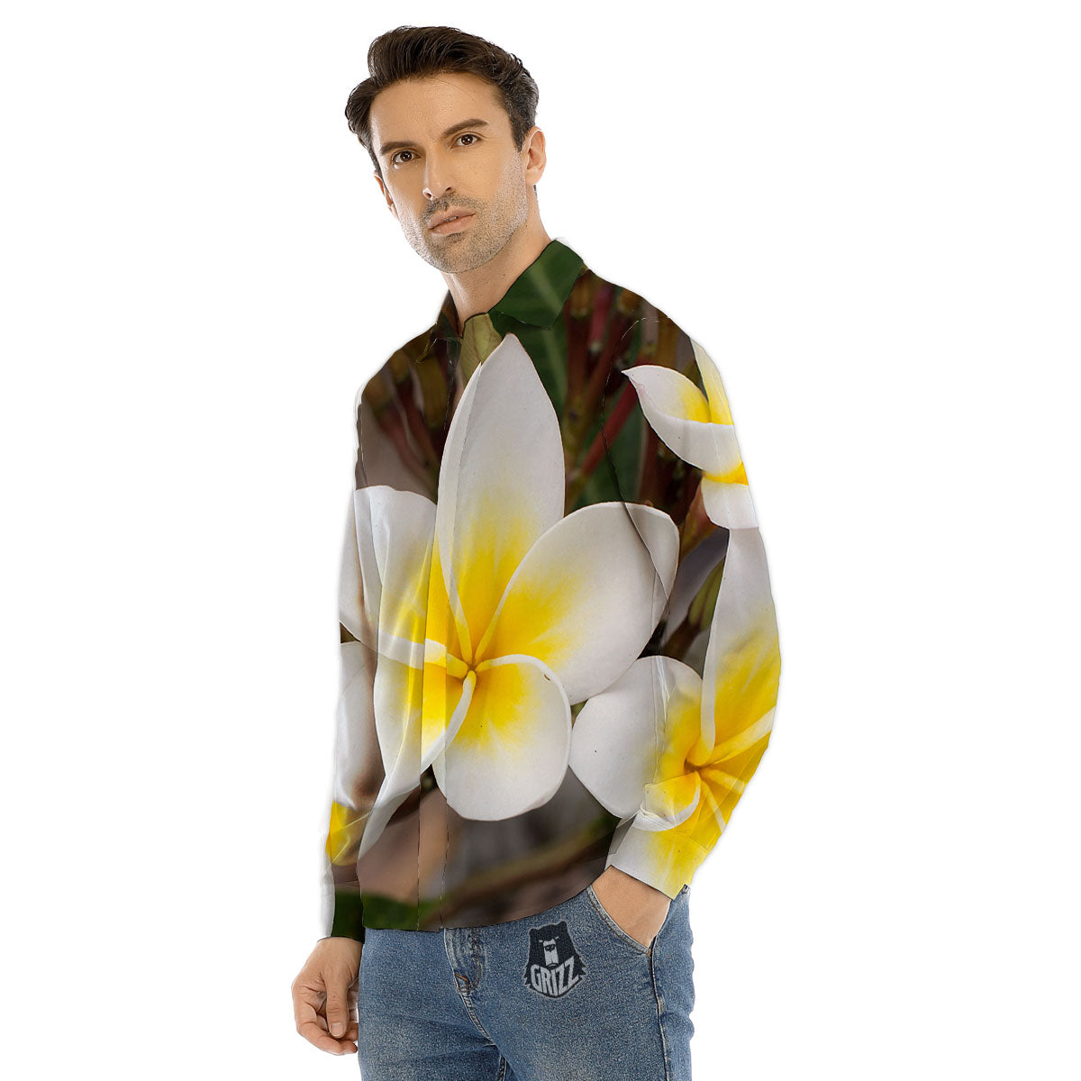 Flower Frangipani Print Men's Dress Shirts-grizzshop