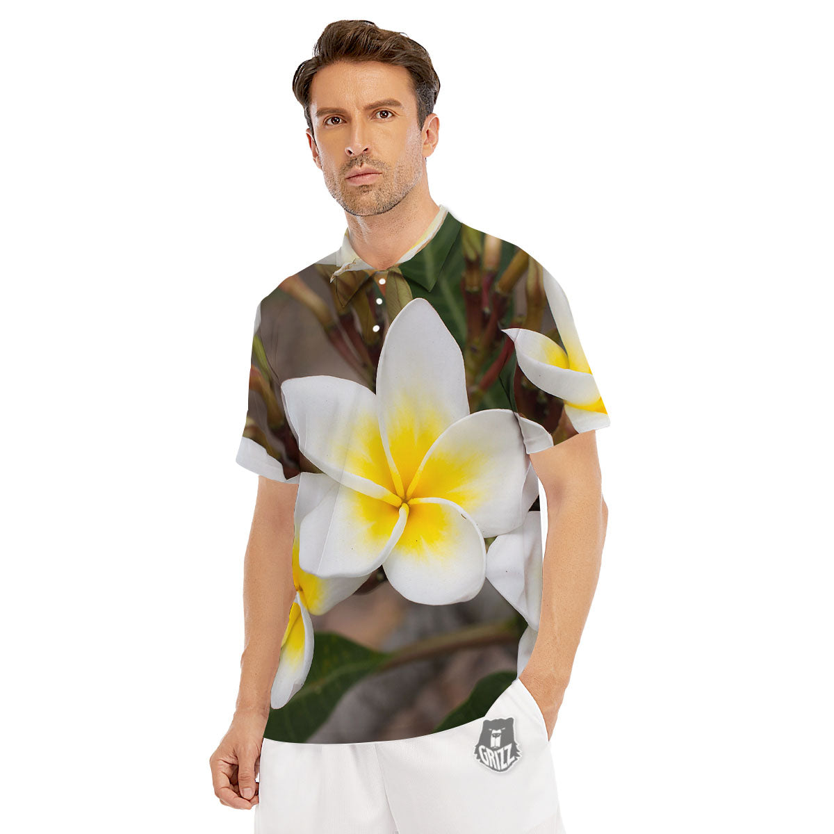 Flower Frangipani Print Men's Golf Shirts-grizzshop